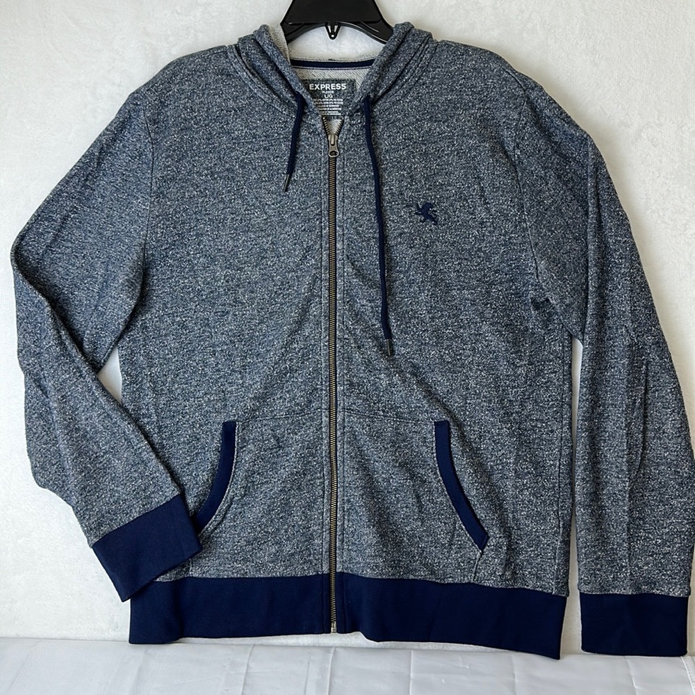 Express Men’s Lightweight Fleece Zippered Front Hoodie Blue White Size Large